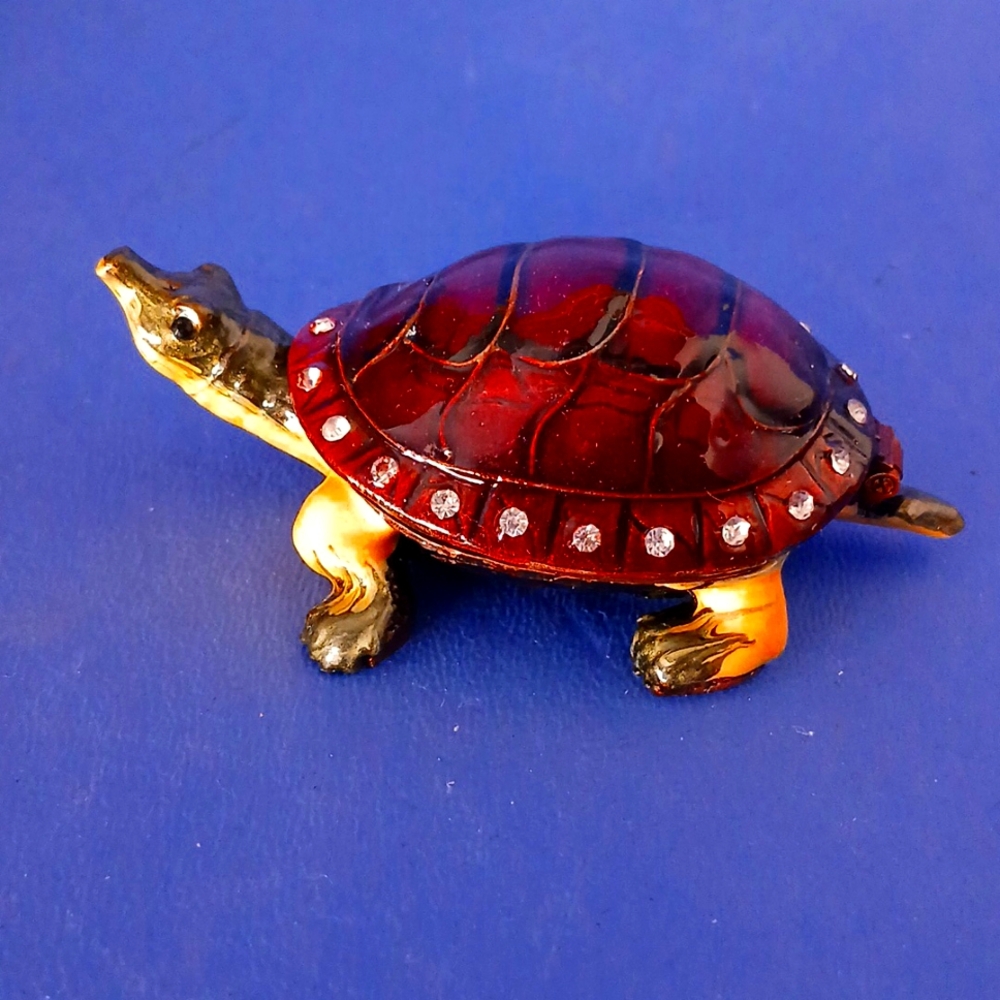 Turtle MINI Enameled Trinket Box Embellished with Rhinestones 3" Long